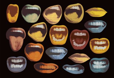Vector set of bright stickers with colored lips that smile and show tongue and teeth. Retro-style poster with collection of surprised, excited, angry, singing, screaming human mouths isolated on black