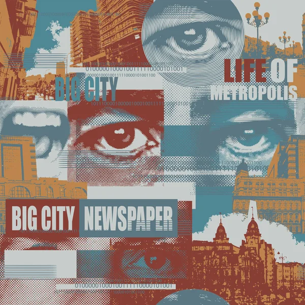 Abstract Seamless Pattern Human Eyes Headlines Fragments Urban Landscapes Chaotic — Vector de stock