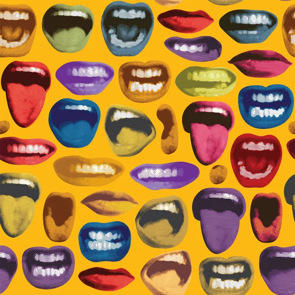 Seamless Pattern Colored Lips Smile Show Tongue White Teeth Bright — Vetor de Stock