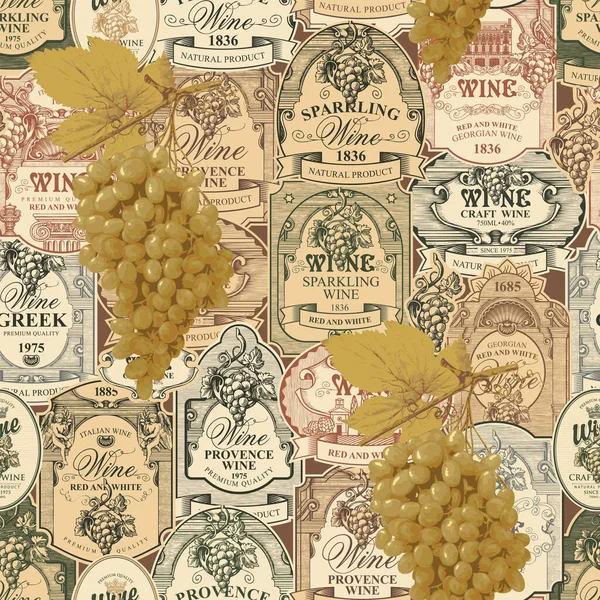 Geçmişe Dönük Çeşitli Şarap Etiketleri Üzerinde Yeşil Üzüm Demetleri Olan — Stok Vektör