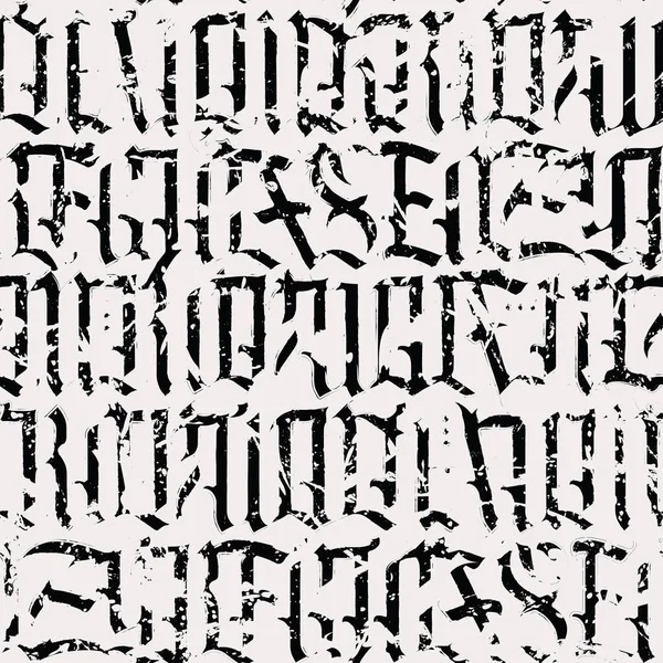 資本金ゴシック文字のシームレスなパターン 中世のラテン文字で背景を繰り返します 英語のアルファベット文字のベクトルテクスチャ インクのスプラッタ 壁紙包装紙織物 — ストックベクタ