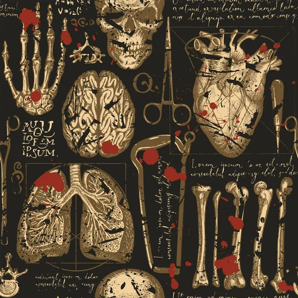Anatomy Seamless Pattern Hand Drawn Human Skulls Bones Organs Surgical — Stock Vector