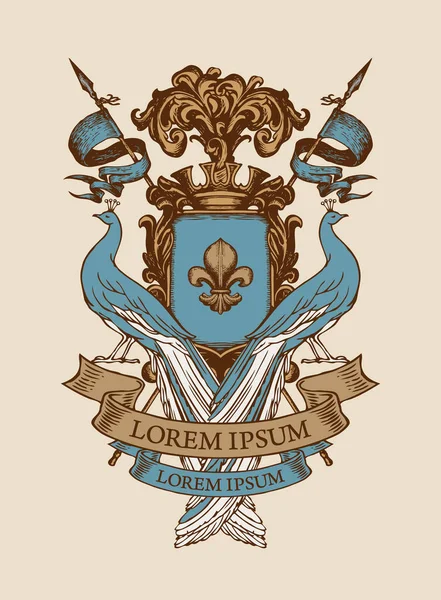 紋章平和 リボンと百合の記号と騎士の盾を持つ腕のコート ヴィンテージ風の手描きイラスト 中世の紋章 — ストックベクタ