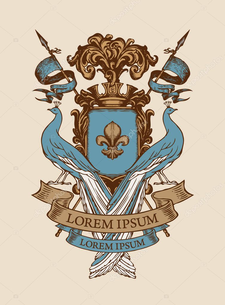 Vector heraldic Coat of arms with peacocks, crown, spears, ribbon and knightly shield with an lily sign. Hand-drawn illustration in vintage style. Medieval heraldry, emblem, sign, symbol
