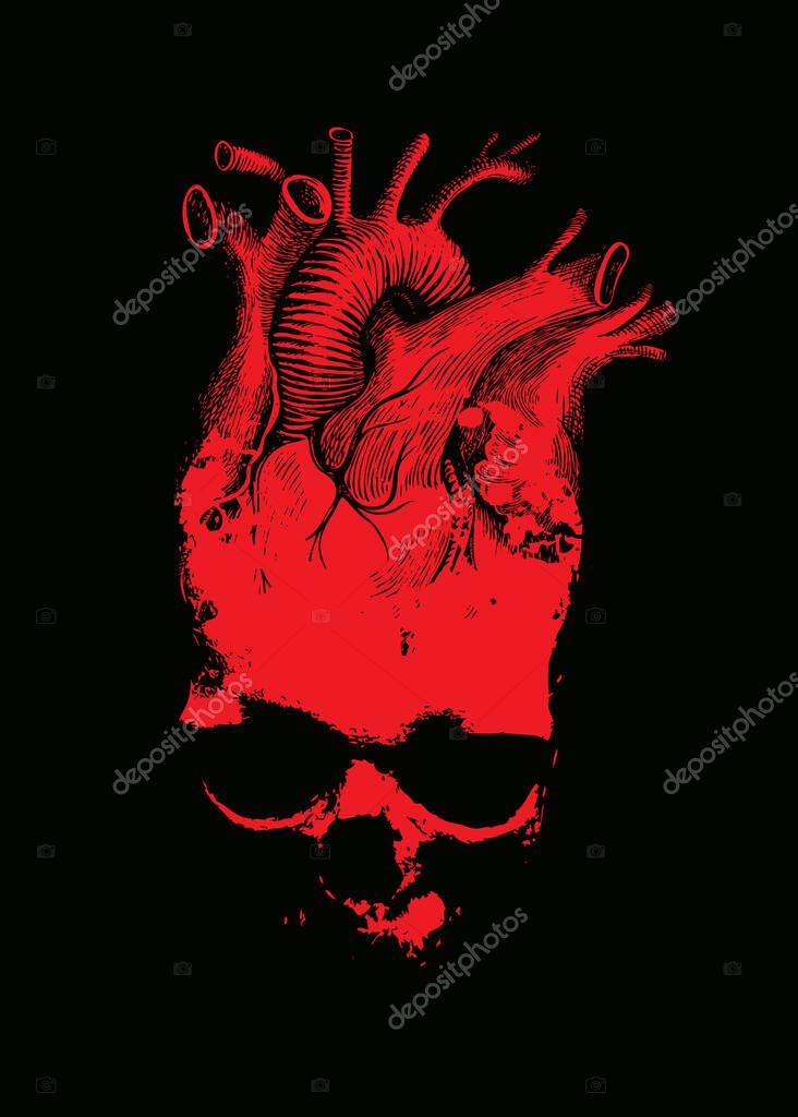 Human skull in the form of a heart with red blood stains. Graphic print for clothing, fabric, wallpaper, wrapping paper, design element for halloween