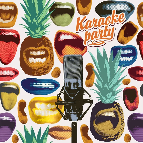Vektorová Ilustrace Pro Karaoke Party Pestrobarevnými Zpěvnými Tlamami Šklebícími Ananasy — Stockový vektor