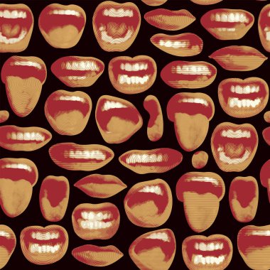 Geçmişe dönük kusursuz bir şekil. Dudakları gülüyor, dili ve dişleri gösteriyor. Gülen, şaşıran, sinirli, şarkı söyleyen, çığlık atan siyah zemin üzerinde insan ağzı olan dekoratif bir vektör.