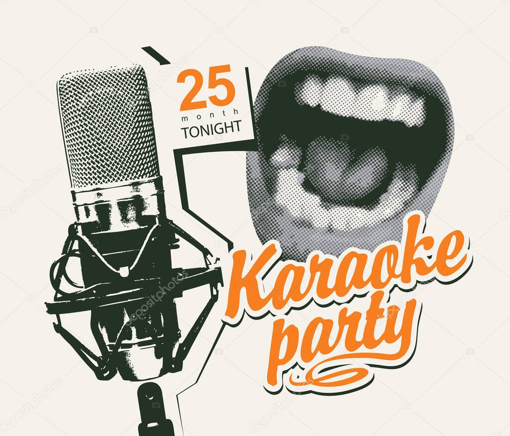 Vector poster for karaoke party in retro style with a singing mouth, a studio microphone and a calligraphic inscription. Suitable for advertising poster, music banner, flyer, invitation, ticket