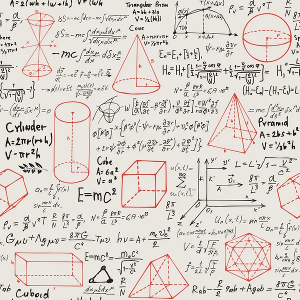 Abstrakcyjny Bezszwowy Wzór Czarnym Odręcznym Tekstem Formuł Matematycznych Równań Figur — Wektor stockowy