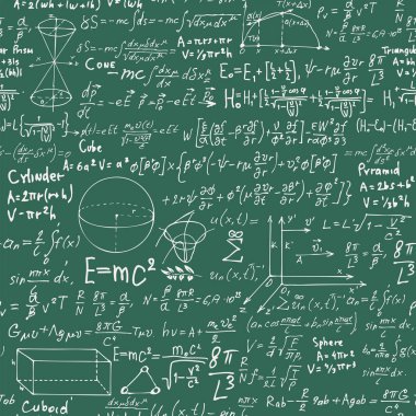 El yazısıyla yazılmış matematiksel formülleri, denklemleri ve geometrik şekilleri olan soyut dikişsiz desen. Bir bilim adamının günlüğünden arka planı tekrar eden bir vektör