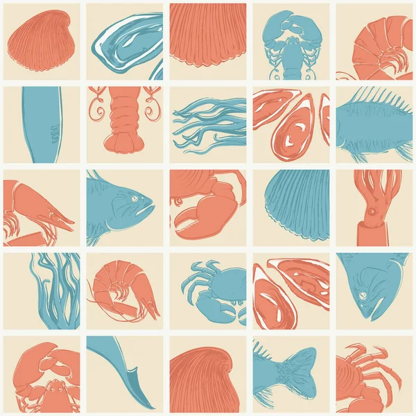 以甲壳类动物 鱼类和软体动物为主题的无缝病媒图案 海鲜背景与海洋动物素描 — 图库矢量图片