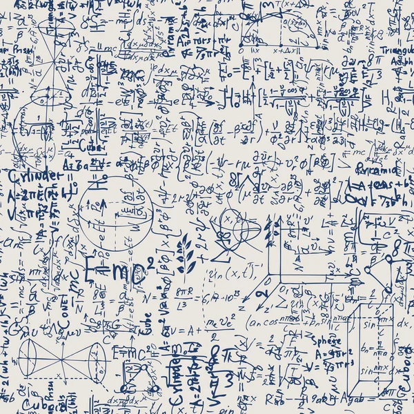 用手写体文字 数学公式 方程和几何图形抽象无缝图案 从一位科学家的日记中以文体重复背景的矢量 — 图库矢量图片