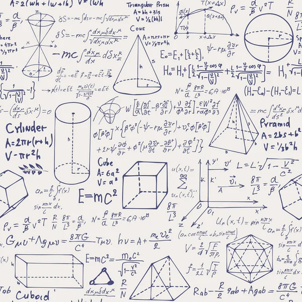 Абстрактный Бесшовный Шаблон Рукописным Текстом Математических Формул Уравнений Геометрических Фигур — стоковый вектор