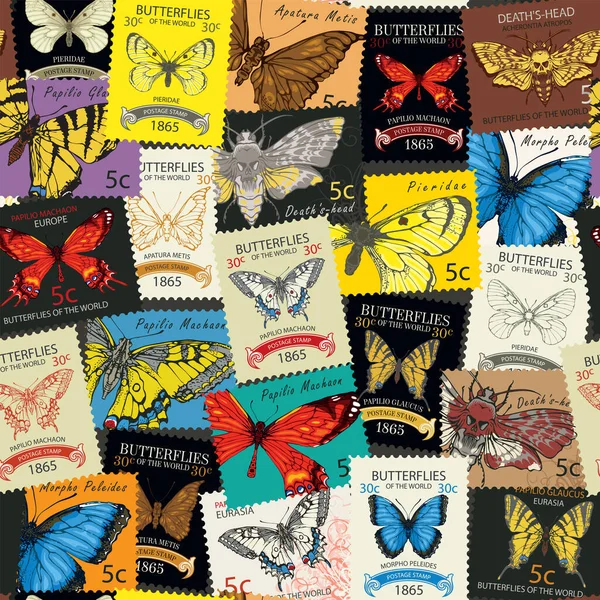Seamless Pattern Old Postage Stamps Various Bright Beautiful Butterflies Names — Stockvektor