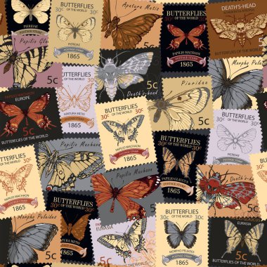 seamless pattern with old postage stamps with various bright beautiful butterflies and their names on a light background. Vector postage stamps with postmark in retro style