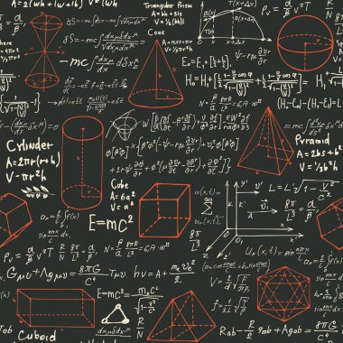 Siyah el yazısıyla yazılmış matematiksel formülleri, denklemleri ve geometrik şekilleri olan soyut dikişsiz desen. Bir bilim adamının günlüğünden arka planı tekrar eden bir vektör