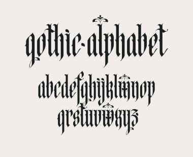 Gotik yazı tipi. İngiliz alfabesinin tüm harfleri klasik tarzda. Ortaçağ Latince harfleri. Vektör kaligrafi ve harfler. Dövme, etiket, manşet, poster vs. için uygun.