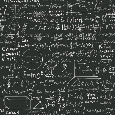 El yazısıyla yazılmış matematiksel formülleri, denklemleri ve geometrik şekilleri olan soyut dikişsiz desen. Bir bilim adamının günlüğünden arka planı tekrar eden bir vektör