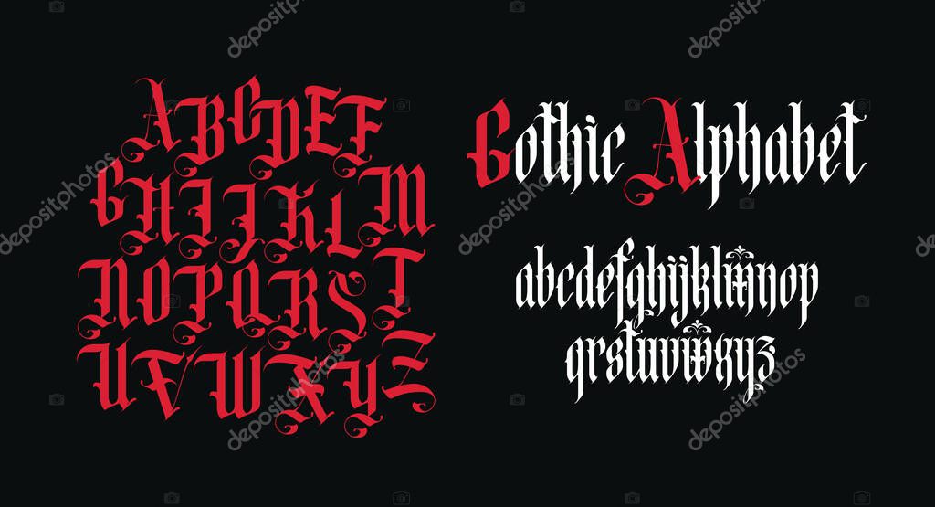 Gothic font. Full set of letters of the English alphabet in vintage style. Medieval Latin letters. Vector calligraphy and lettering. Suitable for tattoo, label, headline, poster, etc.