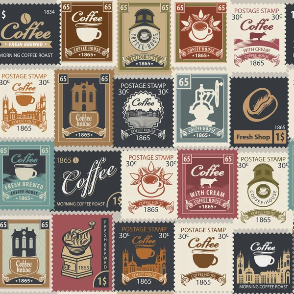 Seamless Pattern Theme Coffee Coffee House Various Postage Stamps Retro — 图库矢量图片