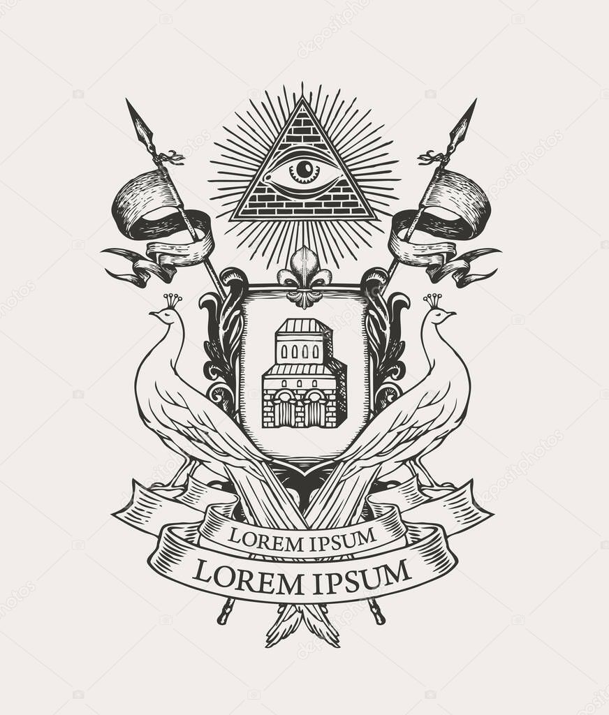 Black and white Coat of arms with peacocks, all-seeing eye, flags, and knightly shield with an old castle. Vector hand-drawn heraldry, emblem, sign, symbol in vintage