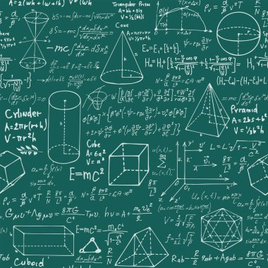 Siyah el yazısıyla yazılmış matematiksel formülleri, denklemleri ve geometrik şekilleri olan soyut dikişsiz desen. Bir bilim adamının günlüğünden arka planı tekrar eden bir vektör