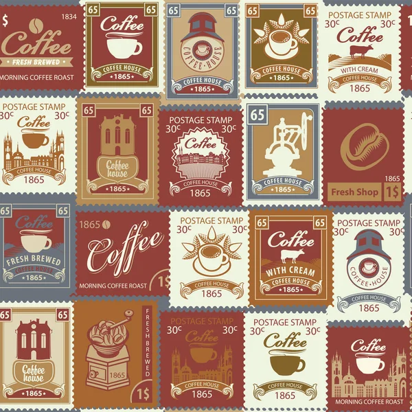Seamless Pattern Postage Stamps Theme Coffee Coffee House Retro Style — 图库矢量图片