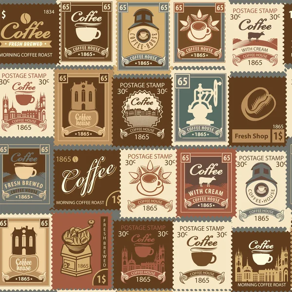 Nahtloses Muster Mit Verschiedenen Briefmarken Zum Thema Kaffee Und Kaffeehaus — Stockvektor