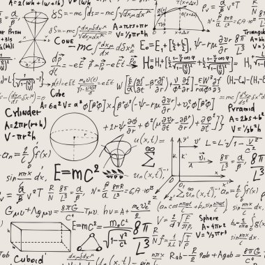 Siyah el yazısıyla yazılmış matematiksel formülleri, denklemleri ve geometrik şekilleri olan soyut dikişsiz desen. Bir bilim adamının günlüğünden arka planı tekrar eden bir vektör