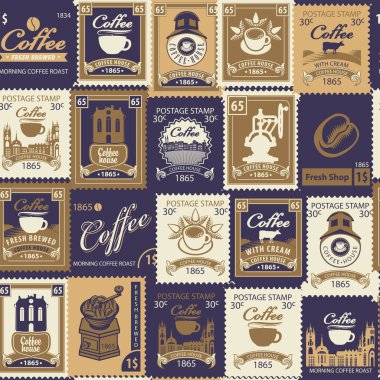 Seamless pattern on the theme of coffee and coffee house. Repeating vector background with various postage stamps in retro style. Suitable for wallpaper, wrapping paper, fabric, package.