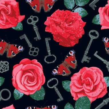 Güller, kelebekler ve anahtarlarla aşk temasının kusursuz bir şekli. Sevgililer Günü selamlaması için geçmişe dönük vektör arkaplanı. Duvar kağıdı, ambalaj kağıdı, kumaş