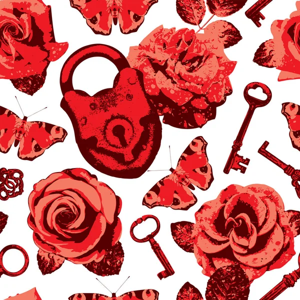 Vector Seamless Pattern Theme Love Roses Butterflies Keys Lock Vector — Wektor stockowy