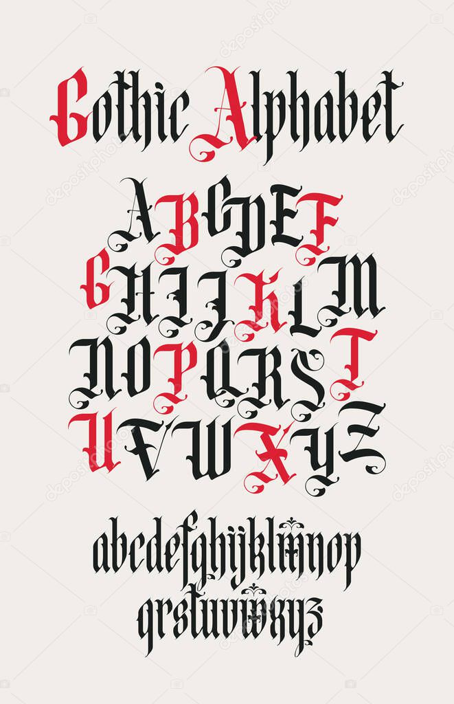 Gothic font. Full set of letters of the English alphabet in vintage style. Medieval Latin letters. Vector calligraphy and lettering. Suitable for tattoo, label, headline, poster, etc.