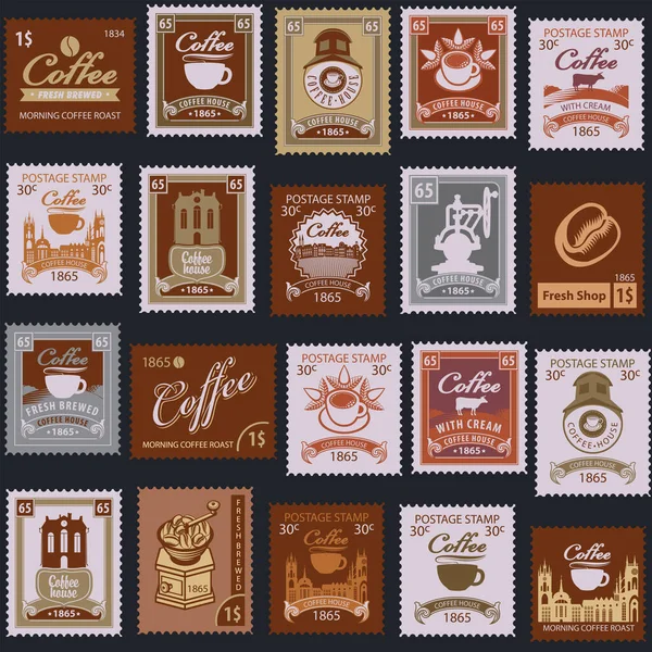 Płynny Wzór Starymi Znaczkami Pocztowymi Temat Kawiarni Kawiarni Ciemnym Tle — Wektor stockowy