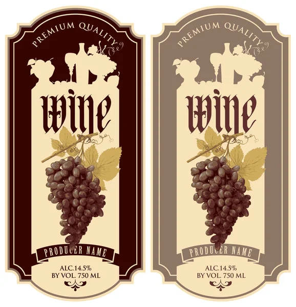 Set Wine Labels Realistic Bunches Ripe Grapes Silhouette Still Life — стоковый вектор