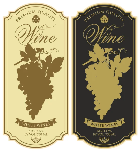 Set Wine Labels Silhouettes Grape Bunches Inscriptions Beige Black Backgrounds — Stockvector
