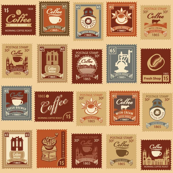 Seamless Pattern Theme Coffee Coffee House Old Postage Stamps Suitable Stock Vector