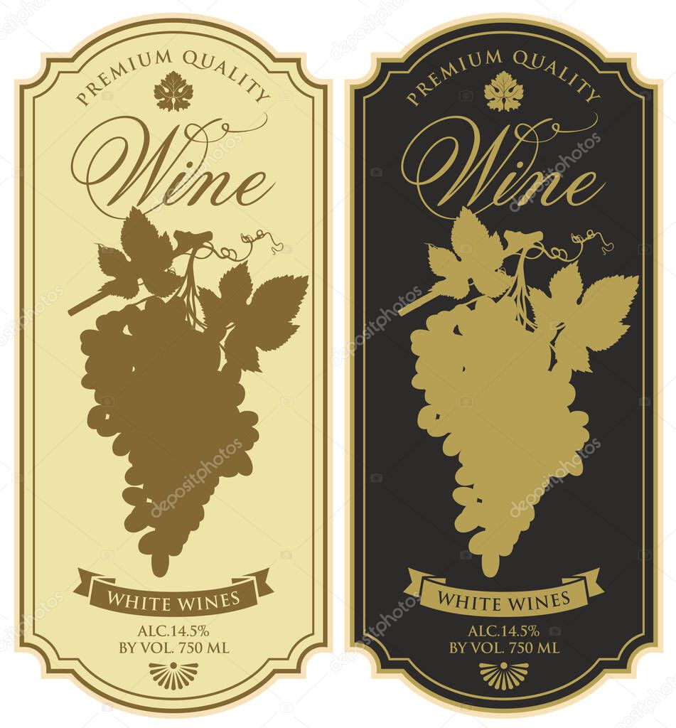 Set of wine labels with silhouettes of grape bunches and inscriptions on a beige and black backgrounds in a figured frames. Vector monochrome labels in retro style. Wine collection premium quality