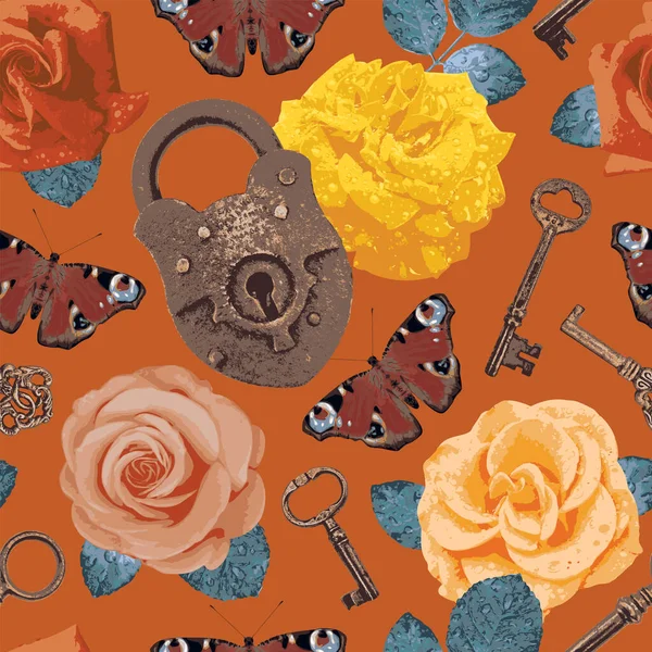 Vector Seamless Pattern Theme Love Roses Butterflies Keys Lock Vector — ストックベクタ