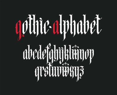 Gotik yazı tipi. İngiliz alfabesinin tüm büyük harfleri klasik tarzda. Ortaçağ Latince harfleri. Vektör kaligrafi ve harfler. Dövme, etiket, manşet, poster vs. için uygun.