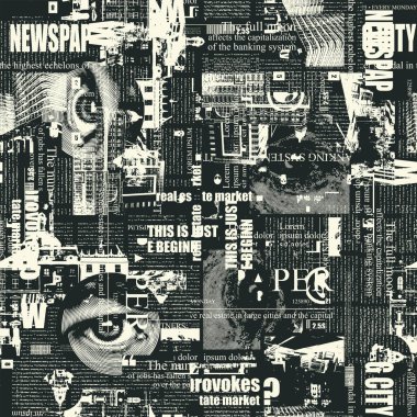 Black and white vector background with newspaper and magazine fragments in grunge style. Abstract seamless pattern with unreadable text, illustrations, headlines. Wallpaper, wrapping paper, fabric clipart