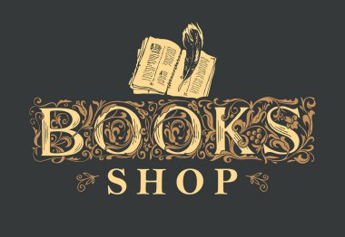 Süslü ilk harflerle kitapçı için vektör logosu, simge, vignette veya etiket. Eski bir kağıt arkaplanda el yapımı illüstrasyon, broşür, etiket, yer imi, kartvizit için uygun