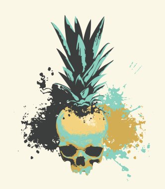 Renkli insan kafatası ve ananas yaprakları. Giysiler, kumaş, duvar kağıdı, ambalaj kağıdı, Cadılar Bayramı partisi için tasarım ögesi