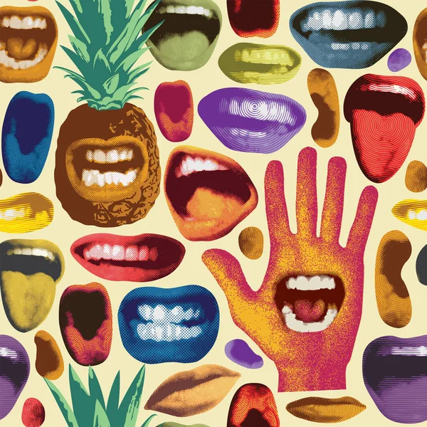 Abstract Seamless Pattern Grimasing Pineapples Multicolored Human Mouths Palm Hand — Image vectorielle