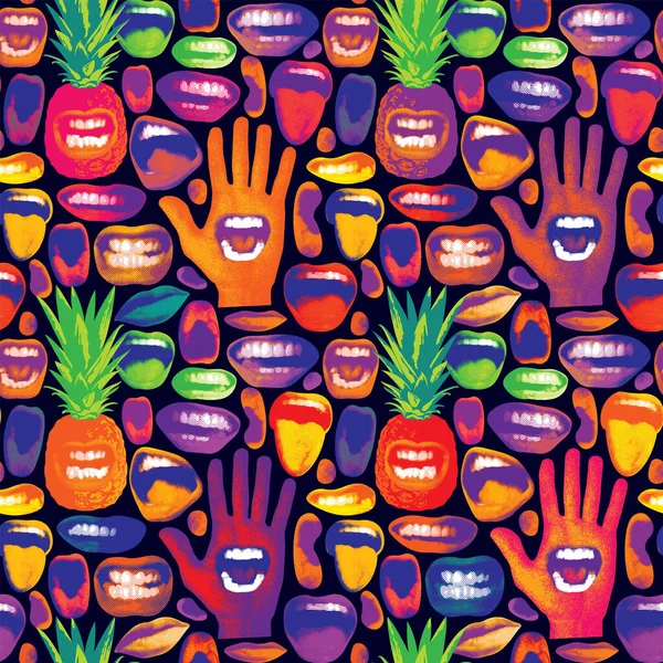 Abstract seamless pattern with grimasing pineapples, multicolored human mouths and palm hand. Bright vector background with laughing, angry, singing, screaming human mouths. Wallpaper, wrapping paper