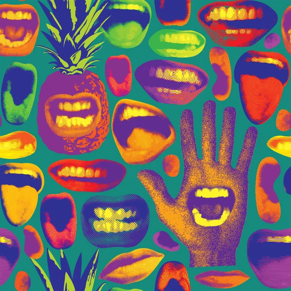 Abstract Seamless Pattern Grimasing Pineapples Multicolored Human Mouths Palm Hand — Stok Vektör