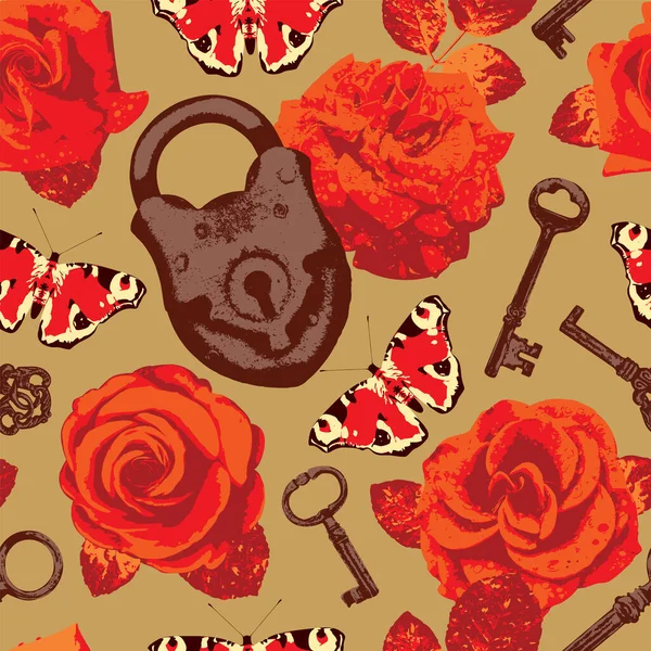 Vector Seamless Pattern Theme Love Roses Butterflies Keys Lock Vector — Stock vektor