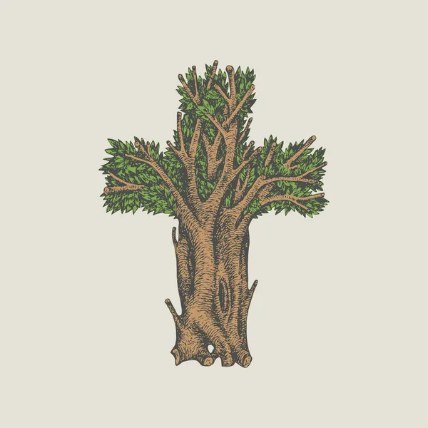 Concept Christian Cross Form Tree Hand Drawn Decorative Tree Shape — Διανυσματικό Αρχείο