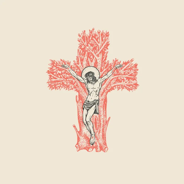 Concept Christian Cross Form Tree Hand Drawn Blood Color Crucified — стоковий вектор