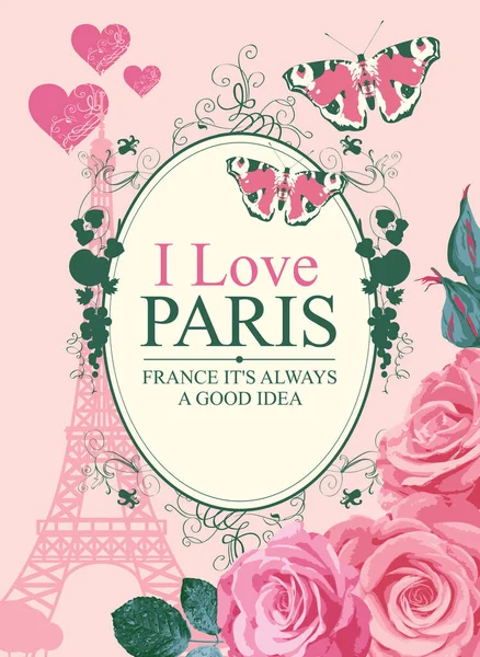 French Postcard Banner Famous Eiffel Tower Beautiful Roses Butterflies Pink — 图库矢量图片